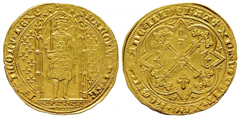 Charles V 1364-1380
Franc à pied, 1365, AU 3.72 g.
Ref : Dup. 360, Fr. 284
Conse...