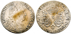 Louis XIV 1643-1715
Écu aux trois couronnes, Reims, 1710 S, AG 30.34 g.
Ref : G.229
Conservation : pr.TTB
