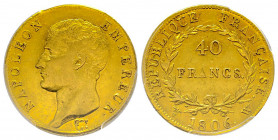 Premier Empire 1804-1814
40 Francs, Lille, 1806 W, AU 12.9 g.
Ref : G.1082, Fr. 483 PCGS XF45
Quantité : 4336 exemplaires. Rare.