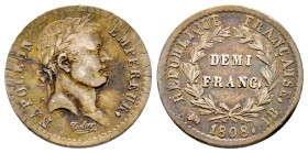 France, Napoléon Empereur, 1/2 Franc 1808 BB Strasbourg, AG 2,48 g., TTB