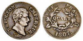 France, Département de l'Eridan, 1/4 Franc 1807 U Turin, AG 1,26 g., TTB. Rare