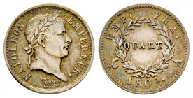France, Napoléon Empereur, Quart (de franc), 1809 A Paris, AG 1,22 g., TTB