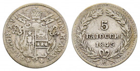 Italie, Bologne, Gregorio XVI (1831-1846), 5 Baiocchi, 1845 A, AG 1,27 g., TTB