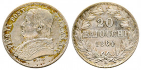 Italie, Rome, Stato Pontificio, PIO IX (1846-1878), 20 Baiocchi 1860 XIV, AG 5,69 g., SUP