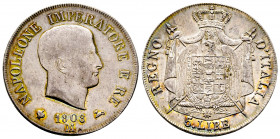 Italie, Milan, Napoléon Empereur et Roi d’Italie, 5 lire, 1808 M, AG 24,95 g., TTB