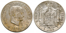 Italie, Milan, Napoléon Empereur et Roi d’Italie Ier, 5 Lire 1808 M, AG 24,89 g., TTB
