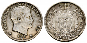 Italie, Milan, Napoléon Empereur et Roi d’Italie, 2 Lire 1814 M, AG 10 g., TTB