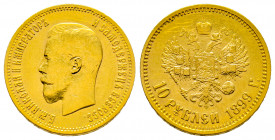 Nicolas II 1894-1917 10 Roubles, St. Petersburg, 1899 ФЗ, AU 8.57 g
Ref : Y#64, Fr.179 TTB/SUP