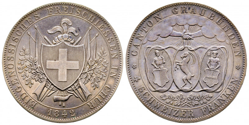 Canton de Grisons
40 franken, Chur, 1842, Tir Fédéral, AG 28.25 g.
Ref : HMZ.134...
