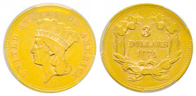 3 Dollars, Philadelphia, 1874, AU 5 g. Ref : Fr. 124 PCGS AU55. Rare