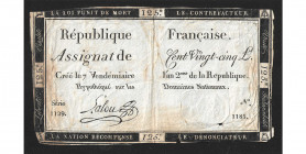 Assignat de 125 livres, 7 vendémiaire AN II, 28 septembre 1793, signature Lalou, série 1129, numéro 1185