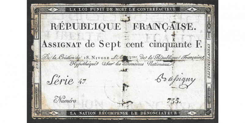 Assignat de sept cent cinquante F., 18 nivose an III, série 47, numéro 755