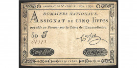 Assignat de cinq livres, signature Corsel, 1 novembre 1791