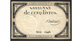 Assignat de cinq livres, signature Dutour, 10 brumaire AN II (31 octobre 1793), série 15446