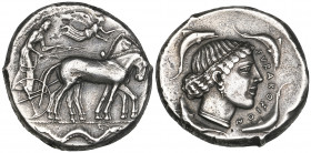 Sicily, Syracuse, tetradrachm, c. 460-440 BC, quadriga driven right; pistrix below, rev., head of Arethusa right surrounded by four dolphins, 16.98g (...