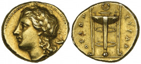 Sicily, Syracuse, Agathokles (317-289), electrum 50 litrai, laureate head of Apollo left; lamp behind head, rev., tripod, 3.53g (Jenkins O12/R7; SNG A...