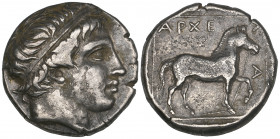 Kings of Macedon, Archelaos (413-399 BC), stater, diademed head of Apollo right, rev., horse standing right with trailing rein, 10.66g (cf. Westermark...