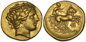 Kings of Macedon, Philip II (359-336 BC), gold stater, Pella, c. 340-328 BC, laureate head of Apollo right, rev., charioteer driving biga right; below...