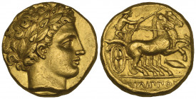 Kings of Macedon, Philip II (359-336 BC), gold stater, Amphipolis, c. 340-328 BC, laureate head of Apollo right, rev., charioteer driving biga right; ...