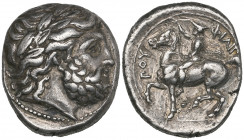 Kings of Macedon, Philip II (359-336 BC), tetradrachm, Pella, c. 348-328 BC, laureate head of Zeus right, rev., Philip on horseback left, raising righ...