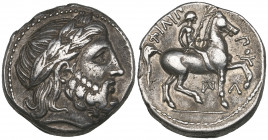 Kings of Macedon, Philip II (359-336 BC), tetradrachm, Amphipolis, c. 323-315 BC, laureate head of Zeus right, rev., nude youth on horseback right, cl...