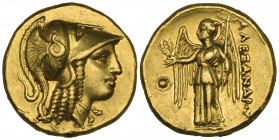 Kings of Macedon, Alexander III, the Great (336-323 BC), gold stater, Amphipolis, c. 330-320 BC, helmeted head of Athena right, rev., Nike stading lef...