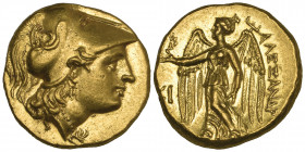 Kings of Macedon, Alexander III, the Great (336-323 BC), gold stater, Lampsakos, c. 310-301 BC, helmeted head of Athena right, rev., Nike standing lef...