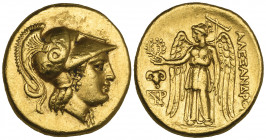 Kings of Macedon, Alexander III, the Great (336-323 BC), gold stater, Magnesia ad Maeandrum, c. 325-323 BC, helmeted head of Athena right, rev., Nike ...