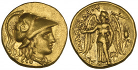 Kings of Macedon, Alexander III, the Great (336-323 BC), gold stater, Miletus, c. 323-319 BC, helmeted head of Athena right, rev., Nike standing left ...