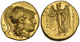 Kings of Macedon, Alexander III, the Great (336-323 BC), gold stater, Babylon, c. 323-317 BC, helmeted head of Athena right; M behind, rev., Nike stan...