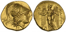 Kings of Macedon, Philip III (323-317 BC), gold stater, Sidon, 318-317 BC, helmeted head of Athena right, rev., Nike standing left holding wreath and ...