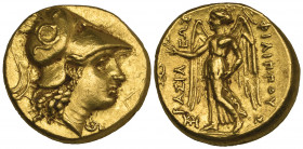 Kings of Macedon, Philip III (323-317 BC), gold stater, Babylon, helmeted head of Athena right, rev., Nike standing left holding wreath and stylis; in...