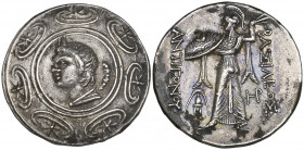 Kings of Macedon, Antigonos Gonatas (c. 277-239 BC), tetradrachm, bust of Pan left in centre of Macedonian shield, rev., Athena Alkidemos advancing le...