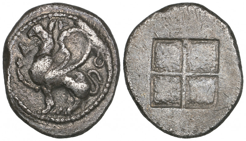 Thrace, Abdera, drachm, c. 470 BC, griffin seated left with raised foreleg; ΔΕΟ ...
