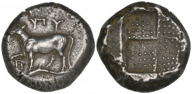Thrace, Byzantium, tetradrachm, c. 387-340 BC, bull standing left on dolphin, rev., stippled quadripartite incuse square, 15.13g (SNG BM 2-7 var.), go...