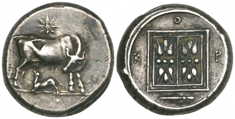 Korkyra, stater, c. 300 BC, cow suckling calf; star above, rev., K-O-P and spear...