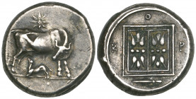 Korkyra, stater, c. 300 BC, cow suckling calf; star above, rev., K-O-P and spearhead around double stellate pattern, 10.97g (SNG Copenhagen 157), tone...