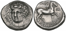 Thessaly, Larissa, didrachm, c. 350-320 BC, head of nymph Larissa facing three-quarters left, rev., ΛΑΡΙ-Σ-ΑΙΩΝ, bridled horse walking right, 11.95g (...