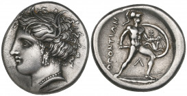 Locris Opuntii, stater, c. 360s-338 B.C., wreathed head of Demeter left, rev., ΟΠΟΝΤΙΩΝ, Ajax inn fighting attitude with dagger and shield within whic...