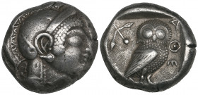 Attica, Athens, tetradrachm, c. 500-480 BC, helmeted head of Athena right, rev., owl standing right with head facing; olive spray behind, 15.56g (cf. ...