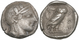 Attica, Athens, tetradrachm, c. 440s-420s BC, helmeted head of Athena right, rev., owl standing right with head facing; olive spray behind, 16.91g, po...