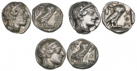 Attica, Athens, tetradrachms (3), c. 440-404 BC, helmeted head of Athena right, rev., owl standing right with head facing; olive spray behind, 17.18g,...