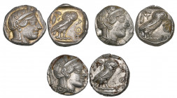 Attica, Athens, tetradrachms (3), c. 440s-404 BC, helmeted head of Athena right, rev., owl standing right with head facing; olive spray behind, 17.20g...