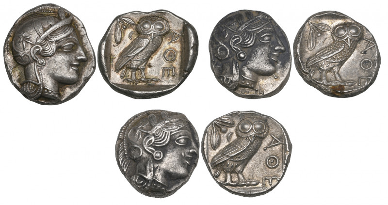 Attica, Athens, tetradrachms (3), c. 440s-404 BC, helmeted head of Athena right,...