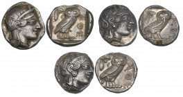 Attica, Athens, tetradrachms (3), c. 440s-404 BC, helmeted head of Athena right, rev., owl standing right with head facing; olive spray behind, 17.19g...