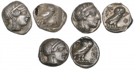 Attica, Athens, tetradrachms (3), c. 440s-404 BC, helmeted head of Athena right, rev., owl standing right with head facing; olive spray behind, 17.14g...