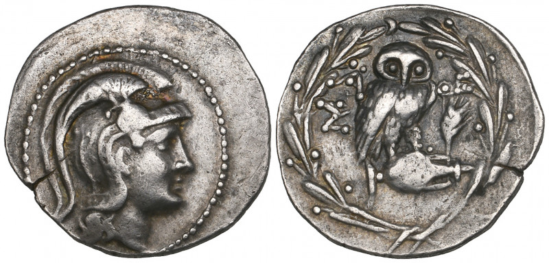 Attica Athens, drachm, c. 150-140 BC, helmeted head of Athena right, rev., owl o...