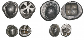 Aegina, triobol and obols (2), c. 500 BC, turtle, rev., incuse punch, 3.02g, 1.03g, 0.88g (BMC 46ff and 57ff), fine to very fine ; and triobol, c. 350...