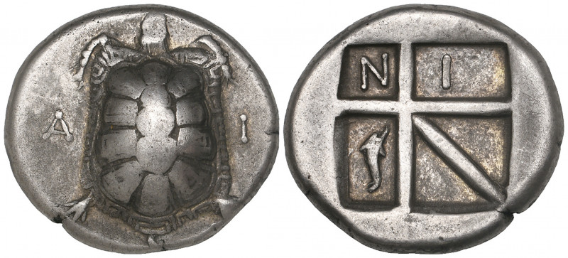 Aegina, stater, c. 350 BC, tortoise flanked by A and I, rev., skew pattern incus...