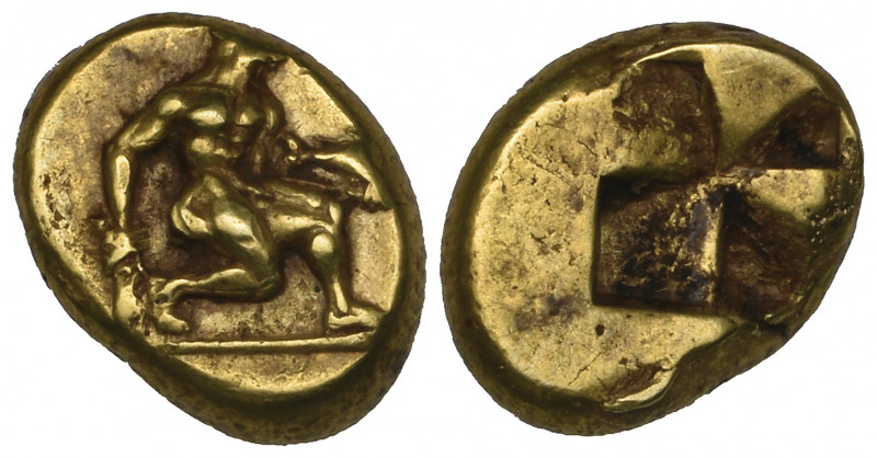 Mysia, Kyzikos, electrum hekte, c. 500-450 BC, nude male figure right holding kn...